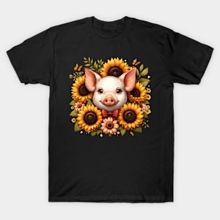 Pig with bow and sunflowers T-Shirt